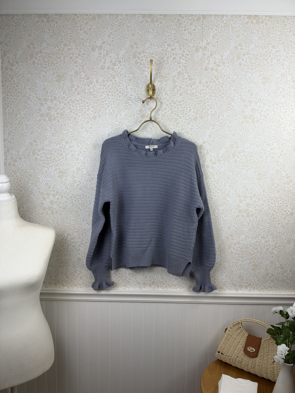 Madewell Ruffle-Neck Periwinkle Cotton-Merino Yarn Sweater - Size - Medium